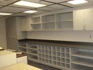 Blueprint and cabinet casework for the workroom